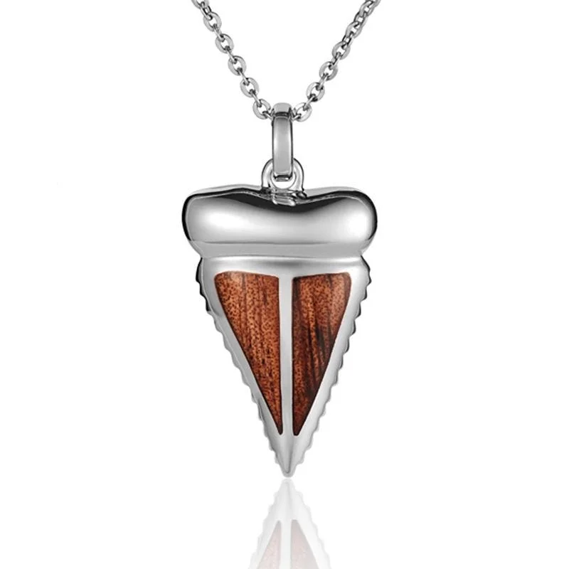 Fashionable Choker Necklaces For Summer Parties-Sterling Silver Koa Wood Double Inlay Shark Tooth Pendant18" Necklace