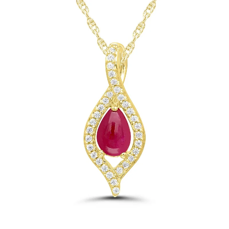 Gold Pendant Necklaces For Fashionable Women-YELLOW GOLD FASHION NECKLACE WITH PEAR SHAPED CABOCHON CUT RUBY CENTER AND ROUND DIAMONDS, .09 CT TW