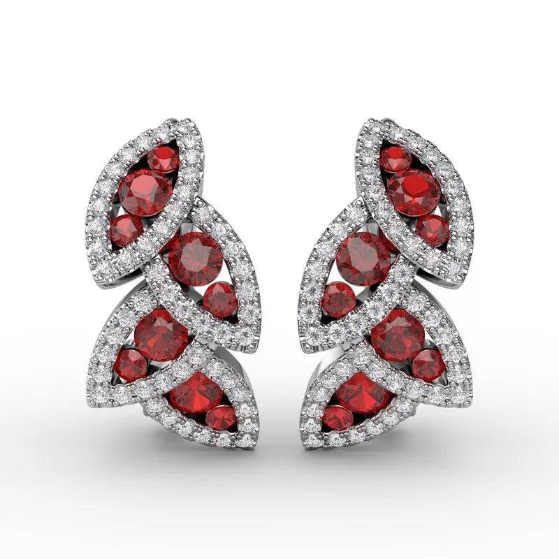 Custom Earrings For Wedding Jewelry-Fana Dramatic Ruby and Diamond Leaf Earrings