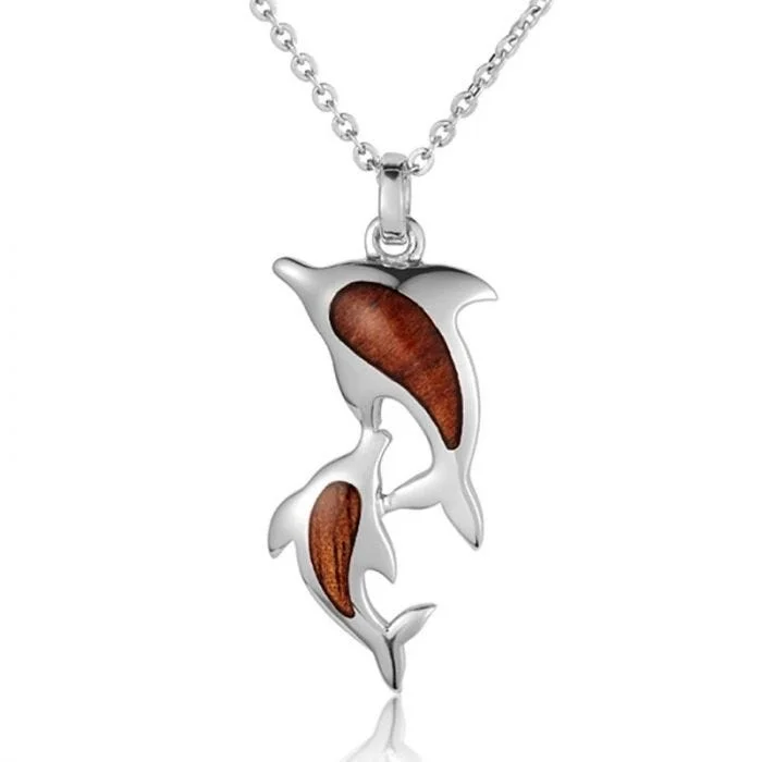 Statement Heart Shaped Necklaces For Special Days-Sterling Silver Koa Wood Double Dolphin Pendant 18" Necklace