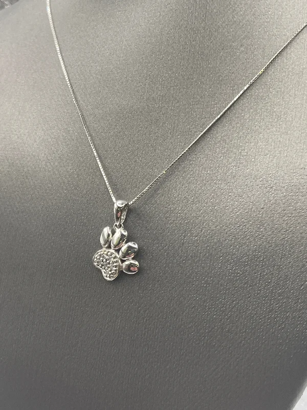 Statement Long Necklaces For Special Occasions-Ladies 10 Karat Solid White Gold Diamond Paw Print Necklace