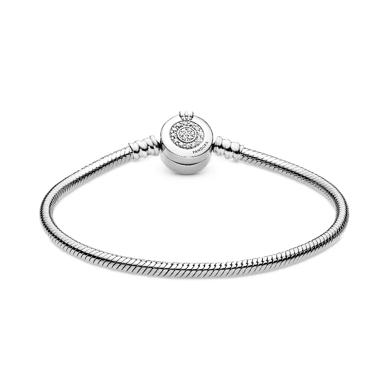 Bracelets For Engagement-Pandora Moments Sparkling Crown O Snake Chain Bracelet Silver 599046C01