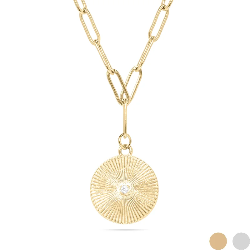 Trendy Moonstone Necklaces For Elegant Looks-18K Gold PVD Stainless Steel Sunburst Medallion CZ Paperclip Necklace / CHN9967