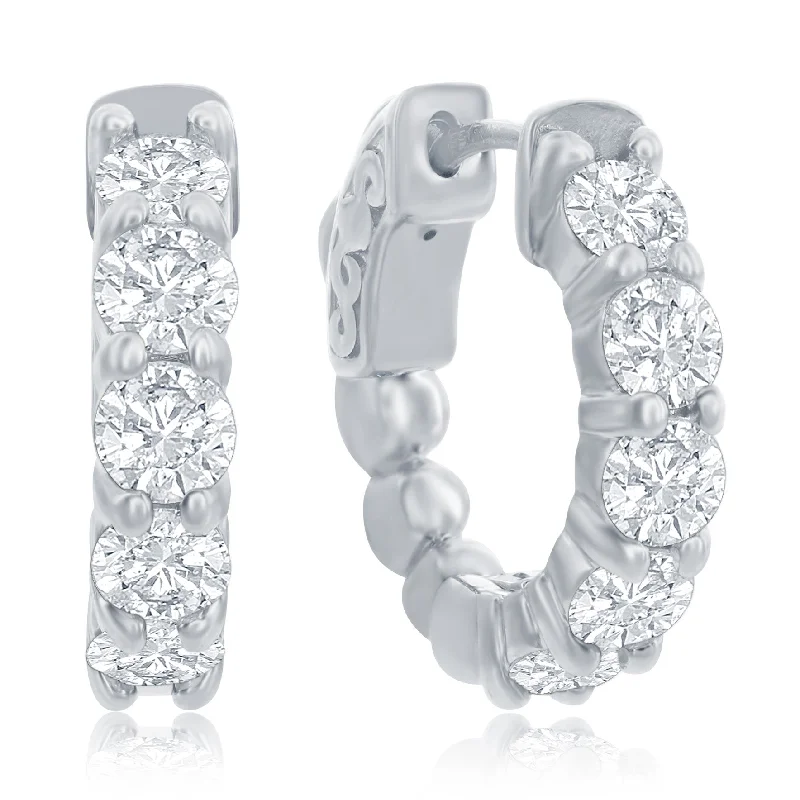 Simple Silver Stud Earrings-14K White Gold Huggie Hoop Earrings with 1.47ct Diamonds