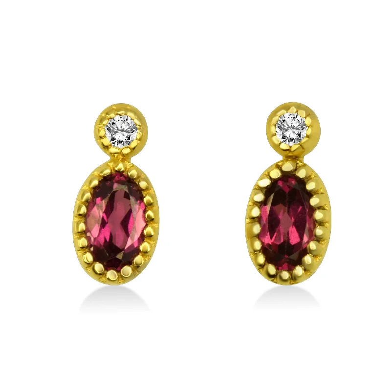 Silver Earrings For Casual Looks-Oval Rhodolite and Diamond Earrings Set in 14K Yellow Gold