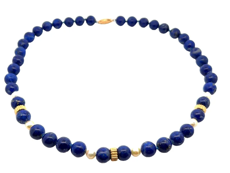 Statement Moon Necklaces For Bold Fashion-Lapis Lazuli and Pearl Necklace 14k Yellow Gold