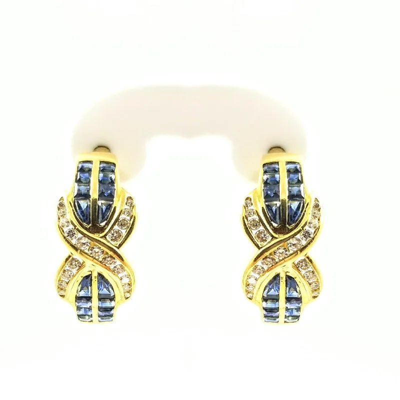 Personalized Dangle Earrings For Women-18 kt Yellow Gold Hoop Earrings with Sapphire and Diamonds