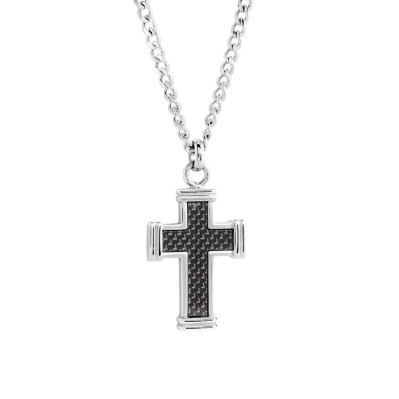 Beautiful Rose Gold Necklaces For Bridesmaids-MEN'S BLACK CARBON CROSS PENDANT AND CHAIN