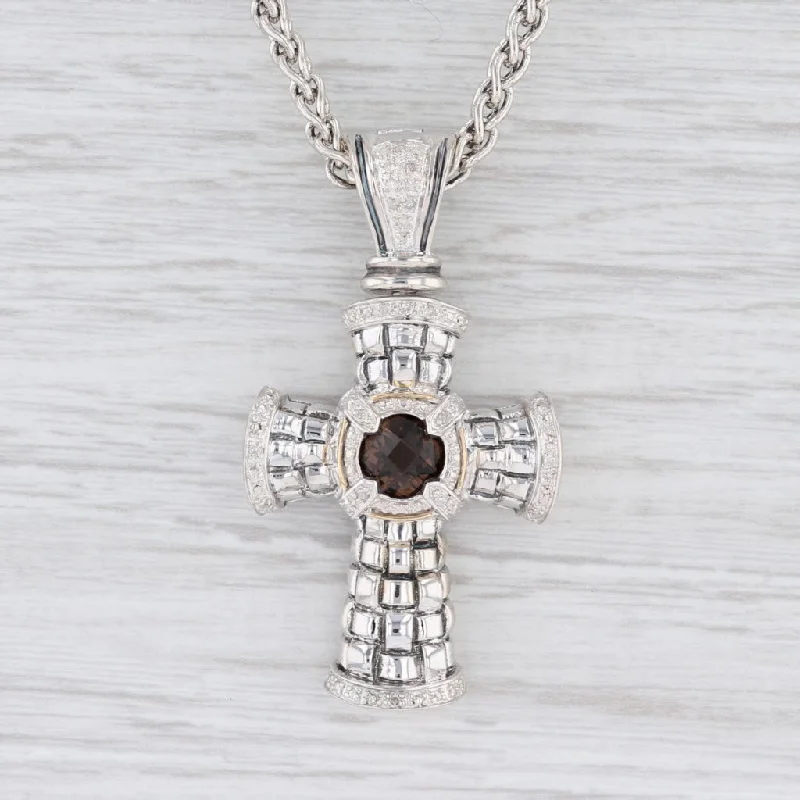 Sparkling Bar Necklaces For Evening Wear-New Ornate 1.81ctw Smoky Quartz & Diamond Cross Necklace 18" Sterling 14k Gold