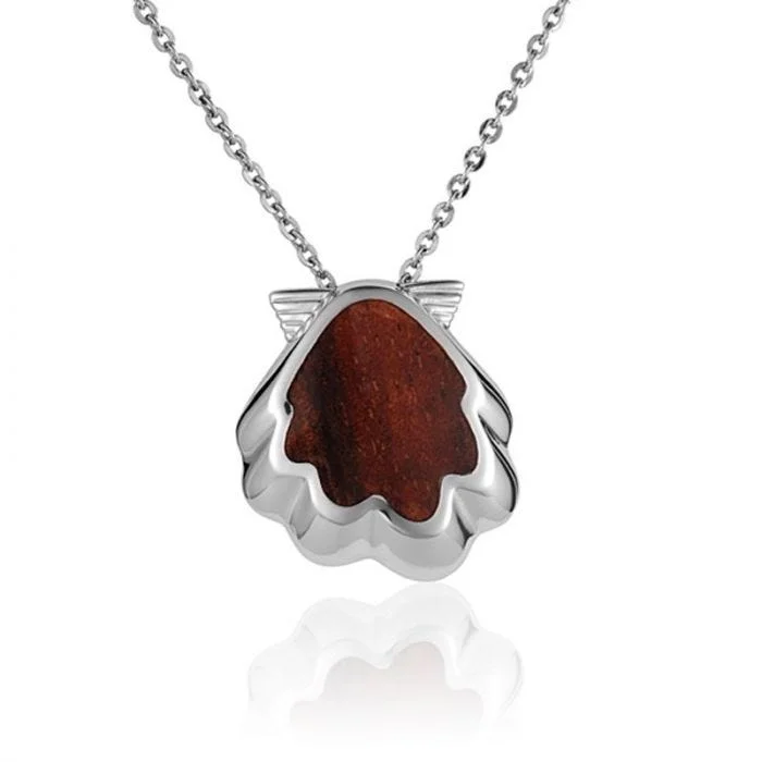 Stylish Silver Choker Necklaces For Everyday Wear-Sterling Silver Koa Wood Sunrise Seashell Pendant18" Necklace