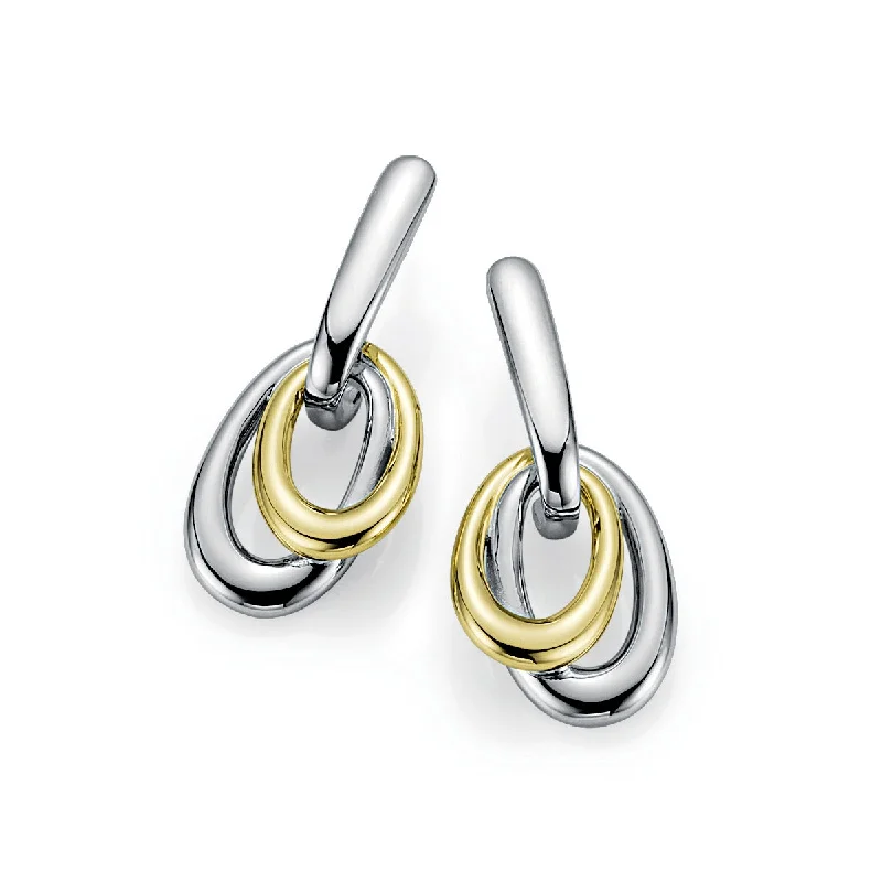 Hoop Earrings For Fashion Enthusiasts-Oval Loop Dangle Earrings, Sterling Silver and Yellow Gold Plating