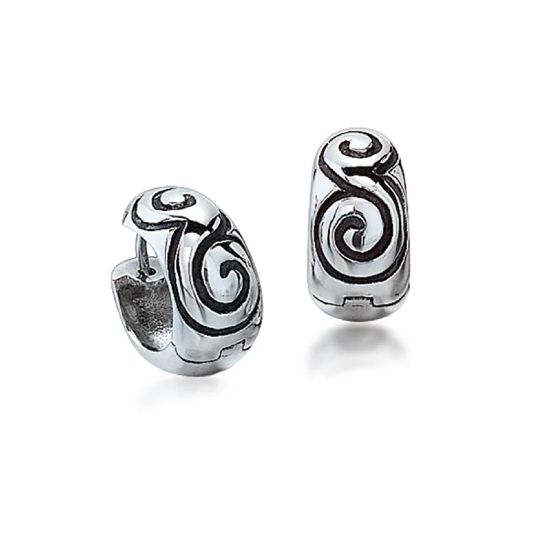 Classy Stud Earrings For Office Wear-Blackened Swirls Huggie Hoop Earrings, Sterling Silver