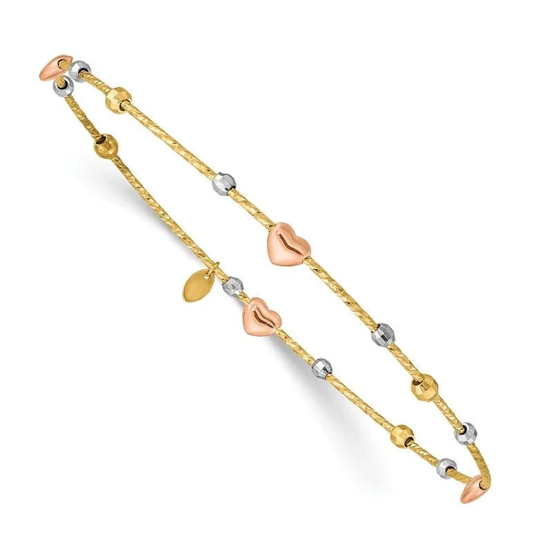 Bangles With Metallic Finishes-14k Tri-color Heart Diamond-cut Slip-on Bangle