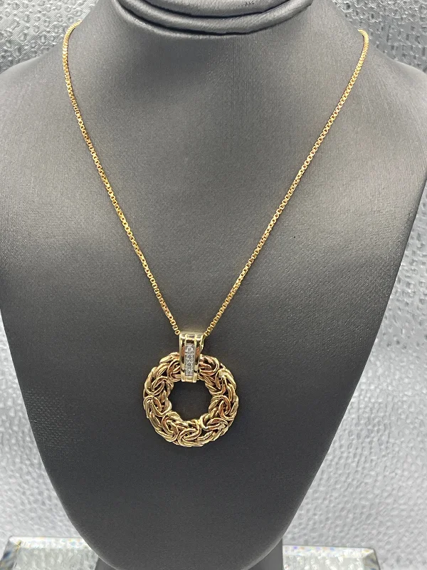 Large Pendant Necklaces For Bold Fashion-A 14 Karat Yellow Gold Custom Byzantine Link Diamond Pendant & Chain