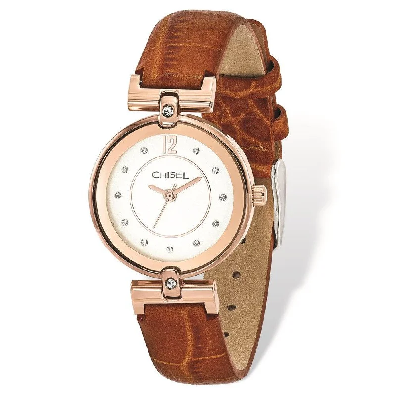 Watches For Modern Styles-Ladies Chisel IP Rose-plated White Dial Brown Leather Watch