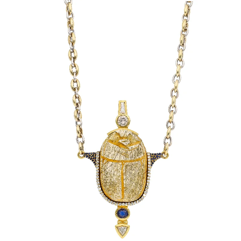 Personalized Birthstone Necklaces For Thoughtful Gifts-18K Yellow Gold Necklace: 3000 Yr. Old Scarab set in 22K Yellow Gold Frame w/Diamonds and Sapphire Accents