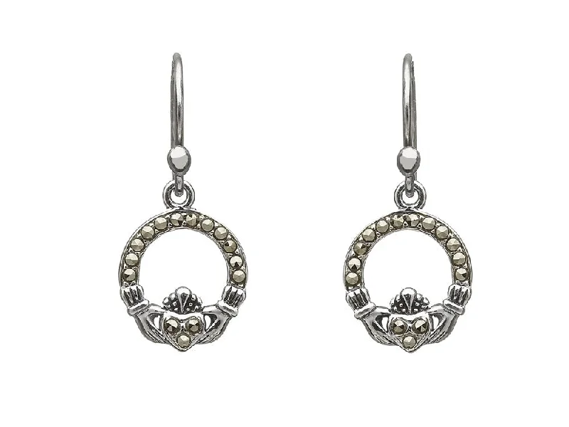 Classic Pearl Earrings For Vintage Style-Sterling Silver Marcasite Claddagh Earrings - ANU2063