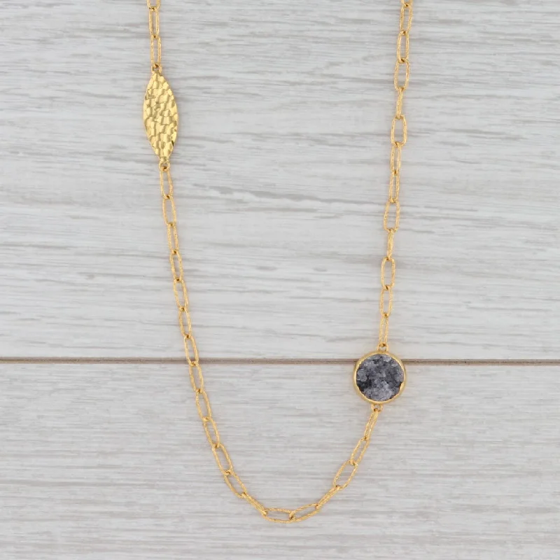 Bold Gold Necklaces For Fashionistas-New Nina Nguyen Druzy Quartz Station Necklace Sterling Gold Vermeil 36" Adjust