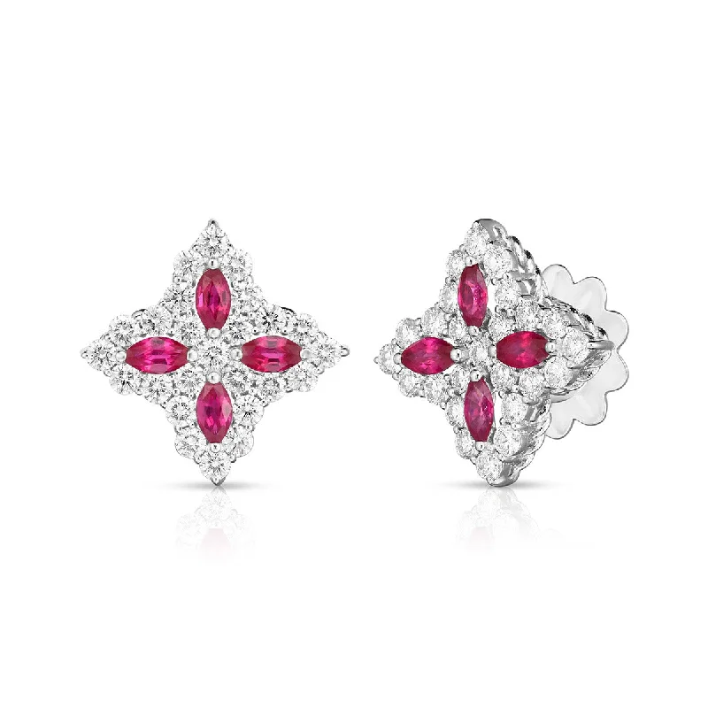 Luxury Diamond Earrings For Elegant Nights-Diamond and Ruby Princess Flower Medium Size Stud Earrings