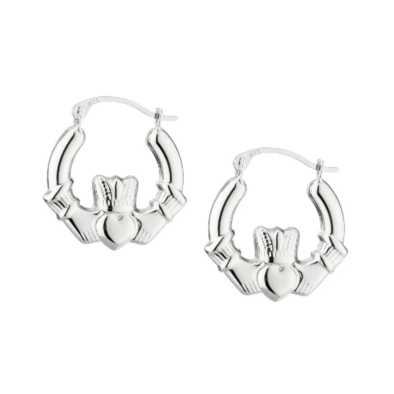 Trendy Chain Earrings For Bold Look-Sterling Silver Small Claddagh Hoop Earrings - S3028