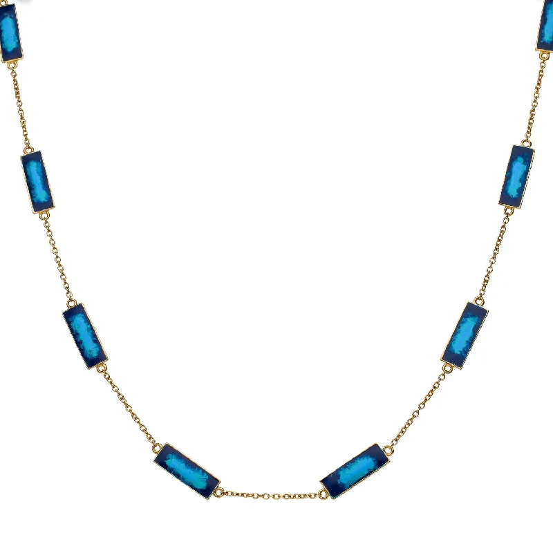 Unique Gold Pendant Necklaces For Fashion Statements-Martha Seely Designs 14K Yellow Gold Hand Painted Blue Enamel Stations 18" Necklace