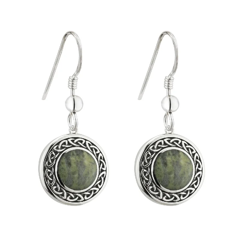 Simple Silver Earrings For All Day Wear-Sterling Silver Connemara Marble Round Celtic Drop Earrings - S33772