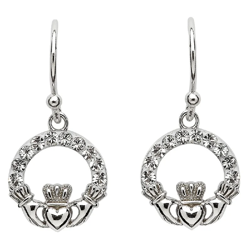 Beautiful Pear Earrings For Weddings-Sterling Silver Claddagh Earrings Adorned By Swarovski Crystals SW48