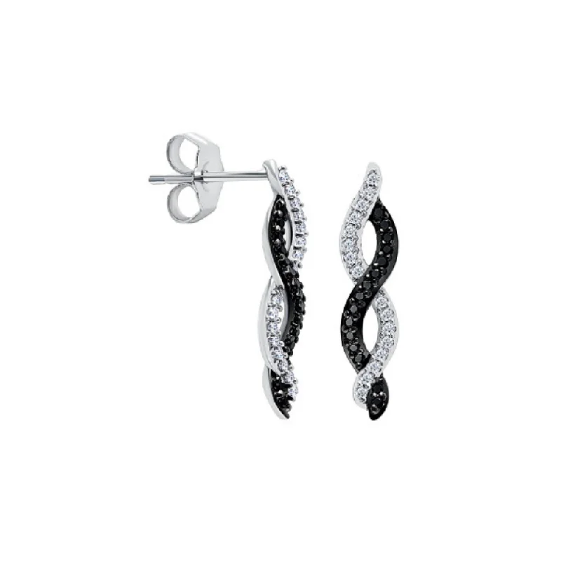 Classy Stud Earrings For Office Wear-1/5 Ctw Twisted Black and White Diamond Earrings in 10k White Gold