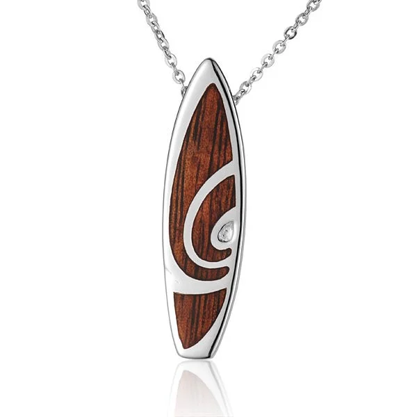 Custom Beaded Necklaces For Personalized Gifts-Sterling Silver Koa Wood Spiral Inlay Surfboard Pendant 18" Necklace