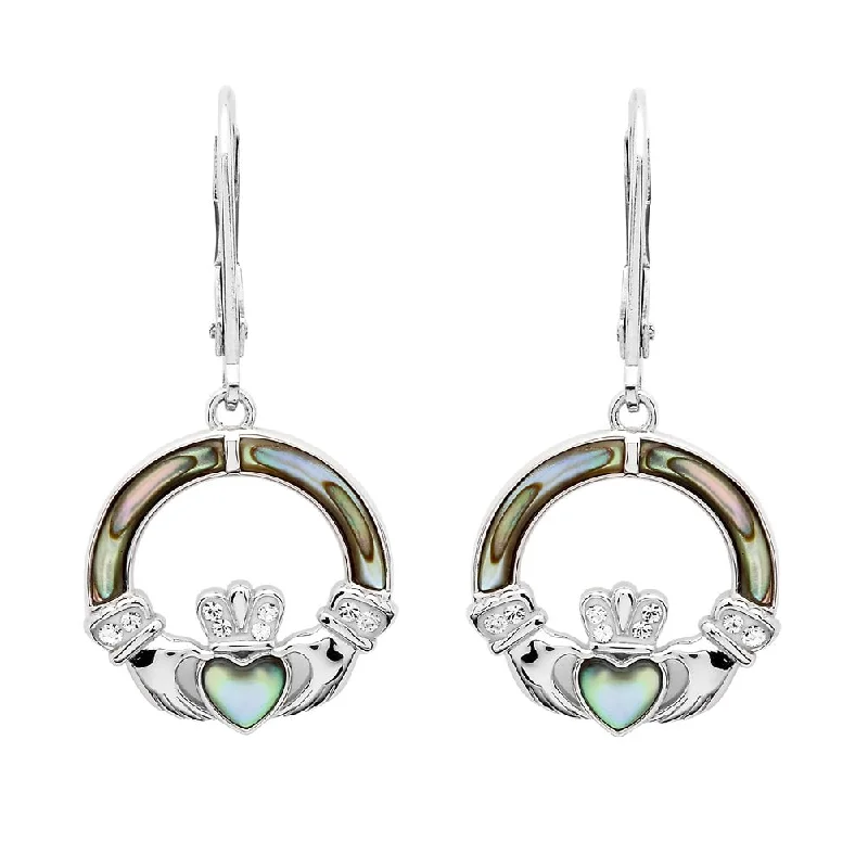 Handcrafted Earrings For One-Of-A-Kind Style-Sterling Silver Claddagh Drop Earrings with Abalone and Crystals SW202