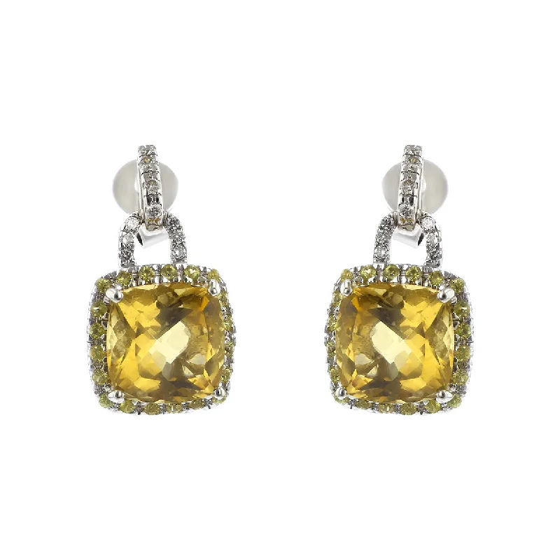 Minimalist Silver Earrings For Work Style-Citrine, Yellow Sapphire and Diamond Drop Earrings