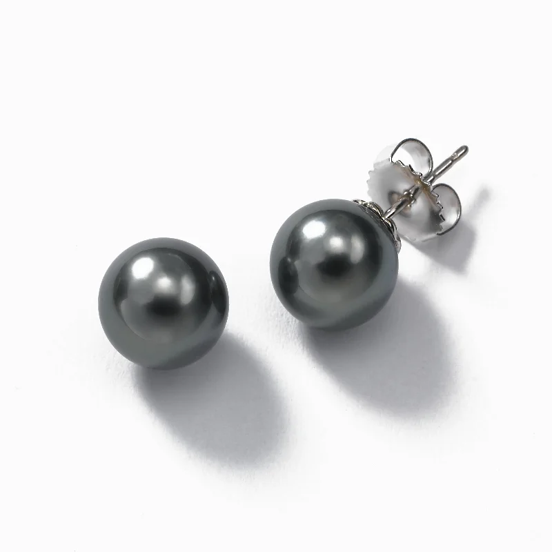 Long Silver Earrings For Elegant Fashion-Grey Tahitian Cultured Pearl Earrings, 9-10MM, 14K White Gold