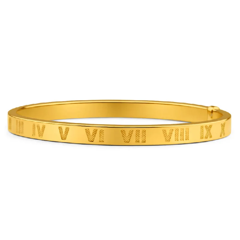 Bangles For Outdoor Events-9ct Yellow Gold Silver with Roman Numeral Filled Bangle 65mm wide