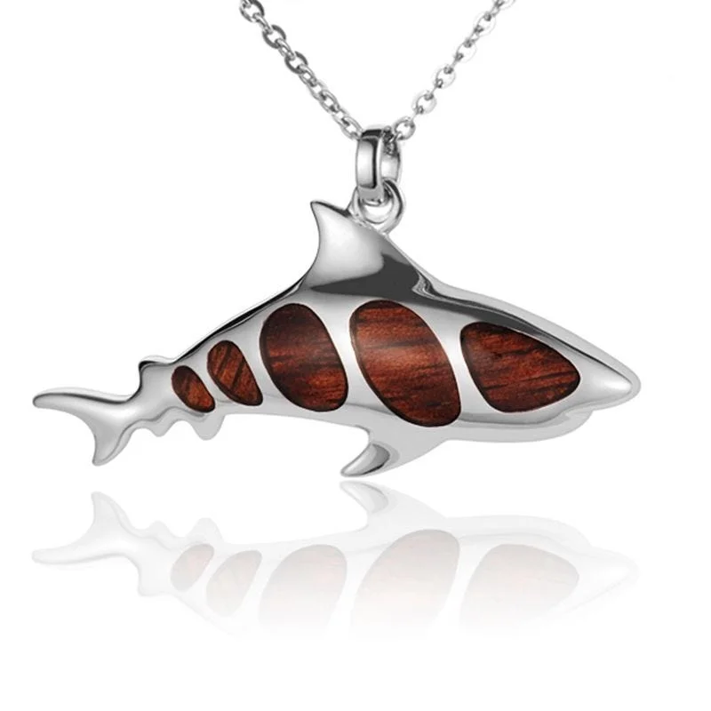 Simple Crystal Pendant Necklaces For Everyday Style-Sterling Silver Koa Wood Shark Pendant18" Necklace