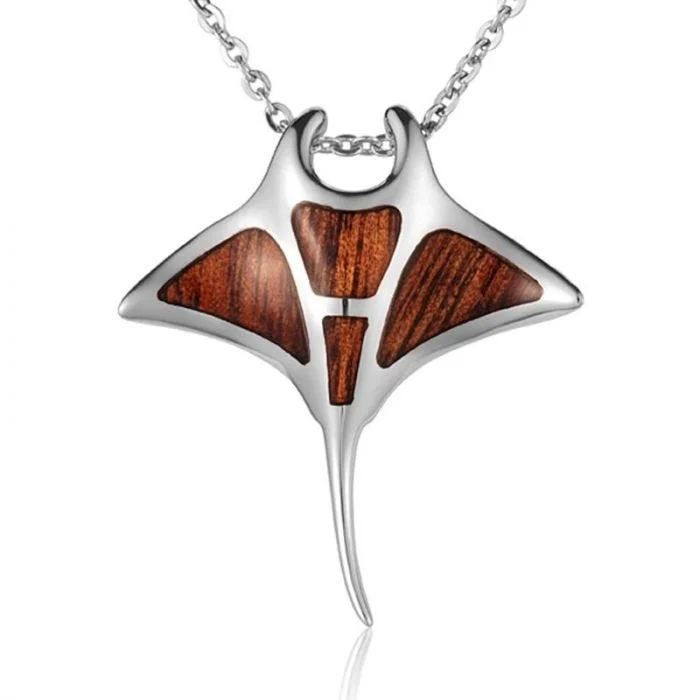 Statement Name Necklaces For Personalized Gifts-Sterling Silver Koa Wood Manta Ray Pendant18" Necklace