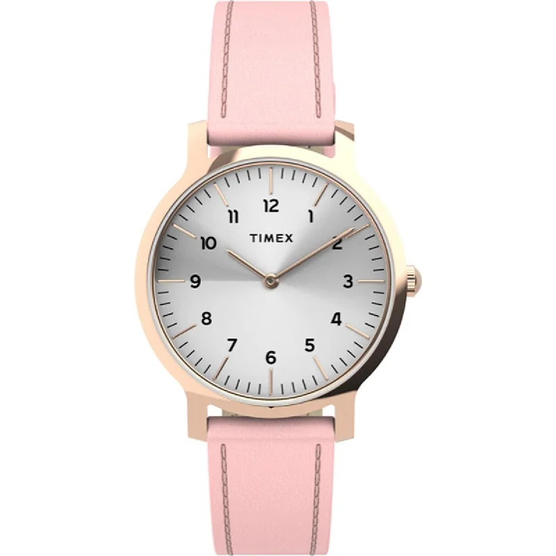 Watches With Charm Elements-Timex Women's Watch - Norway Silver Dial Pink Leather Strap Quartz | TW2U22700VQ