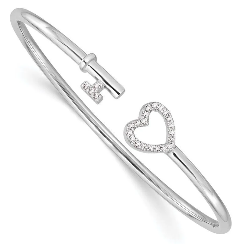 Bangles With Ruby Stones-Sterling Silver Rhodium-plated CZ Heart and Key Flexible Bangle