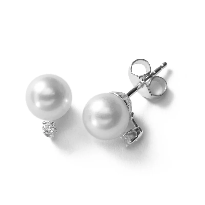 Simple Silver Stud Earrings For Casual Wear-Akoya Cultured Pearl Earrings with Diamonds, 8.5 MM, 14K White Gold