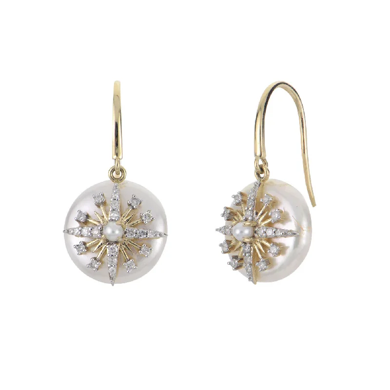 Modern Pearl Earrings For Evening Wear-Coin Pearl and Diamond Drop Earrings, 14K Yellow Gold