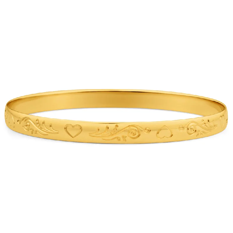 Bangles With Geometric Shapes-9ct Yellow SOLID Gold Engraved Heart Pattern Bangle