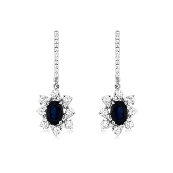 Custom Earrings For Personalized Gifts-14 Karat White Gold 1 9/10 Carat Oval Sapphire Diamond Halo Earrings