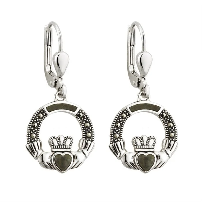 Cool Huggie Earrings For Modern Vibes-Sterling Silver Claddagh Earrings with Connemara Marble and Marcasite S33558