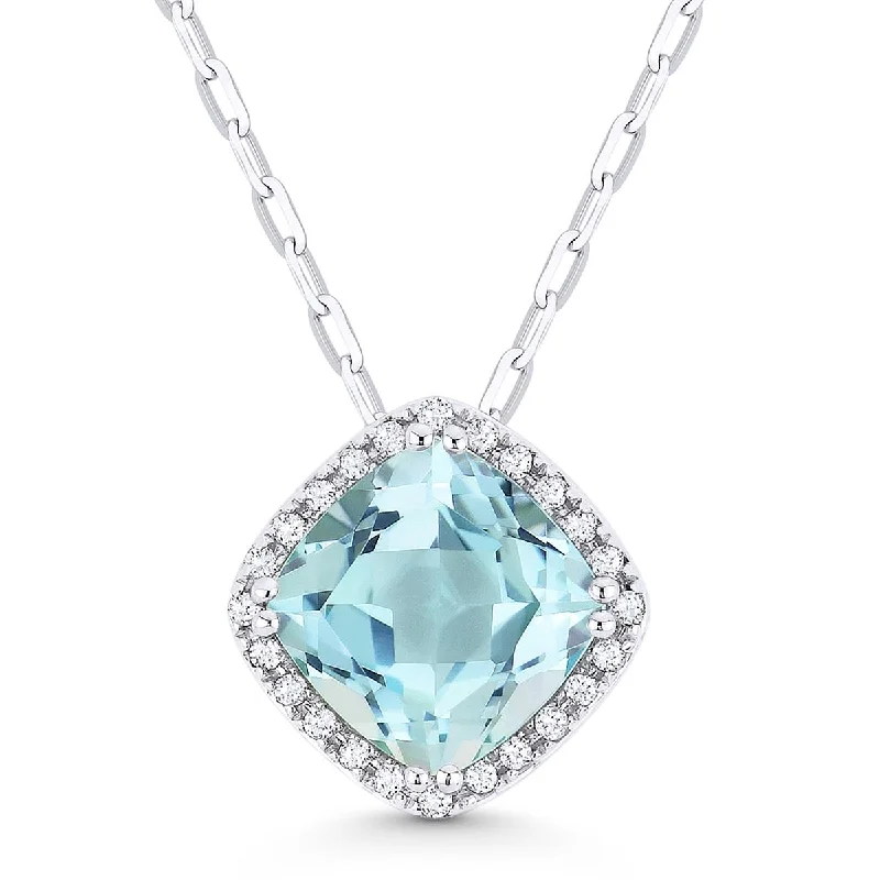 Statement Gold Chain Necklaces For Fashion-WHITE GOLD PENDANT NECKLACE WITH CUSHION CUT BLUE TOPAZ, .07 CT TW