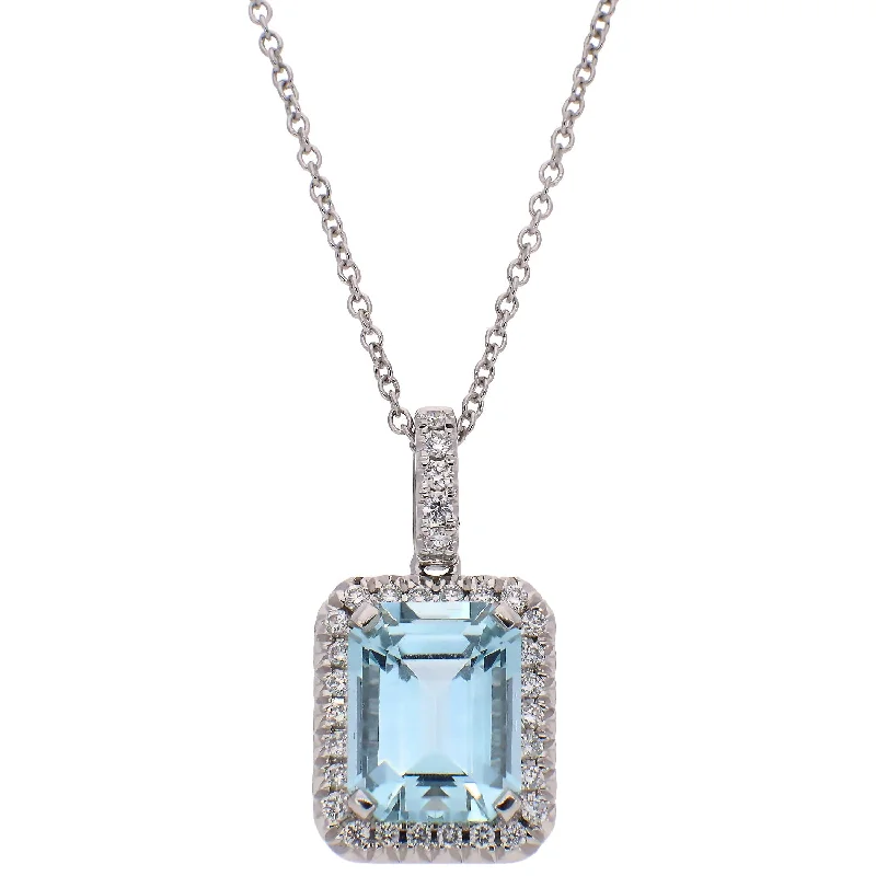 Trendy Layered Gold Necklaces For Chic Fashion-14K White Gold Aquamarine and Diamond Necklace