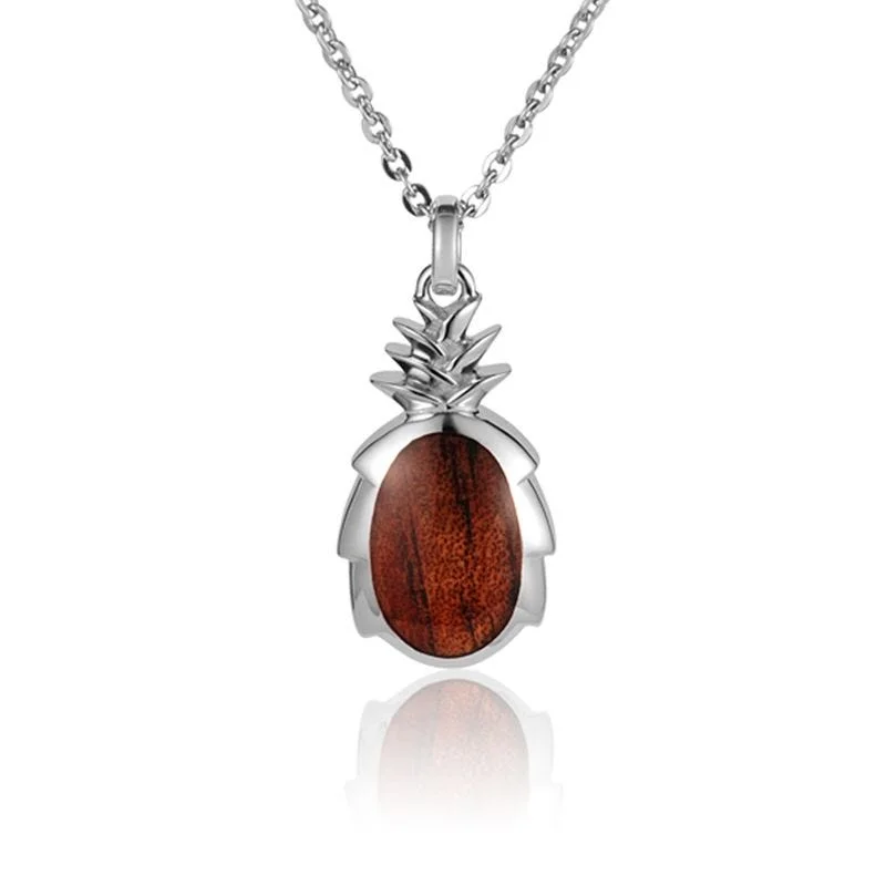 Trendy Layered Gold Necklaces For Chic Fashion-Sterling Silver Koa Wood Pineapple Pendant18" Necklace