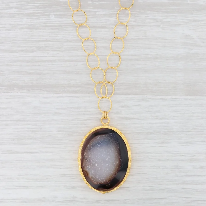 Trendy Pendant Necklaces For Casual Days-New Nina Nguyen Druzy Quartz Agate Pendant Necklace Sterling Gold Vermeil