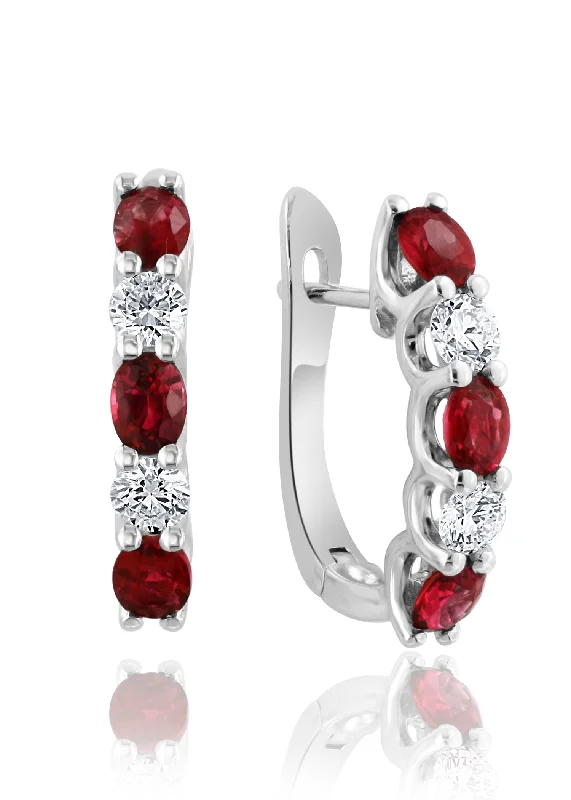 Colorful Earrings For Playful Fashion-14K White Gold Ruby and Diamond Hoop Earrings