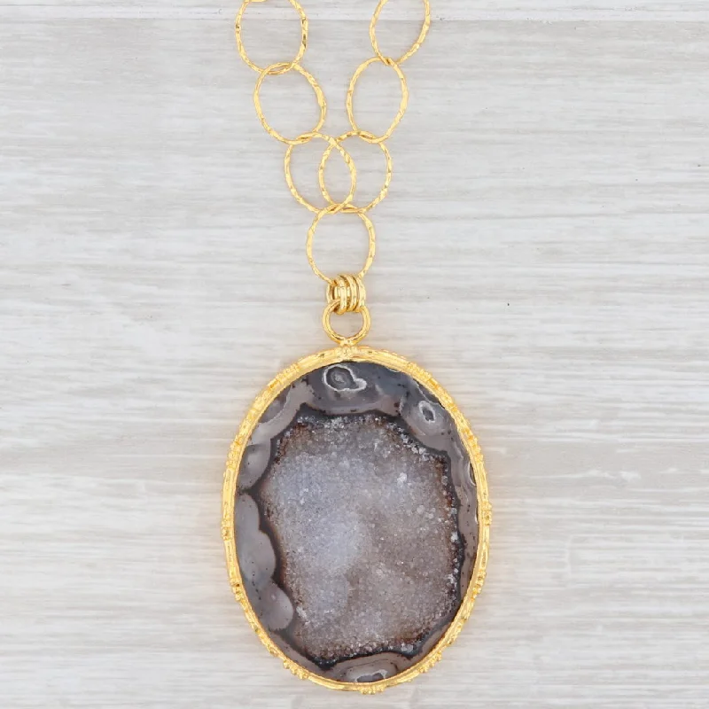 Gorgeous Custom Name Necklaces For Bridesmaids-New Nina Nguyen Druzy Quartz Agate Pendant Necklace 20" Sterling Silver 22k Gold