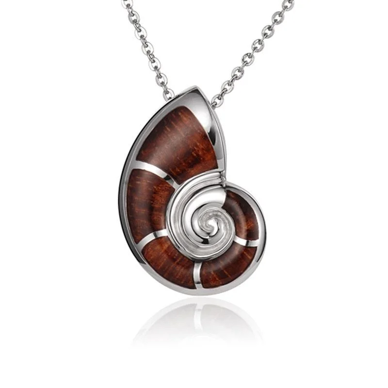 Unique Crystal Necklaces For Bold Fashion-Sterling Silver Koa Wood Nautilus Seashell Pendant18" Necklace