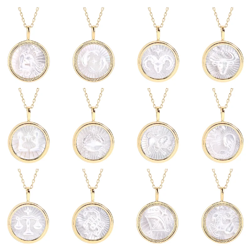 Classic Bead Necklaces For Everyday Fashion-14K Gold Plated Sterling Silver Mother of Pearl Zodiac Pendant Necklace / SBB0354